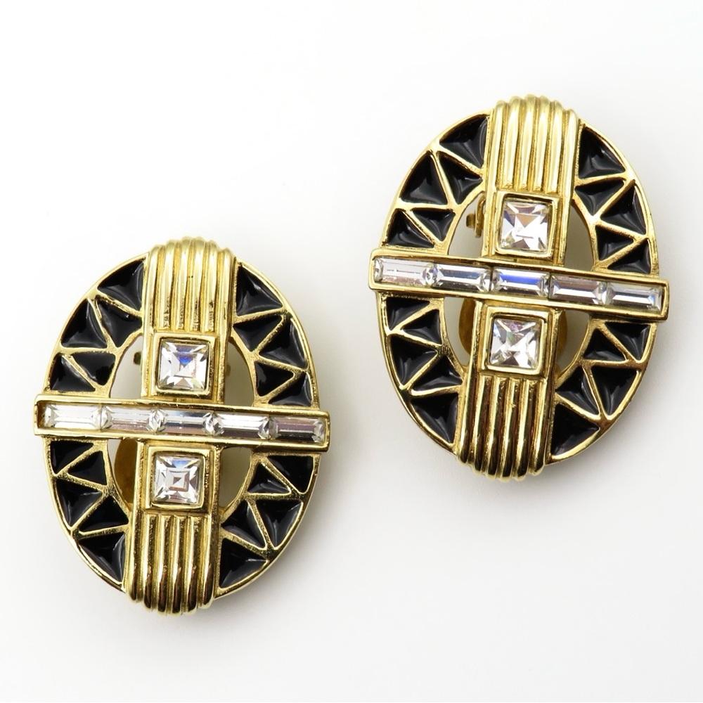 Vintage Givenchy Art Deco Style Gold Tone Enamel Clip On Earrings